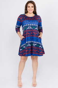 Women's Fair Isle Reindeer Print A-Line Dress style 5