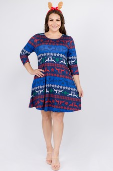 Women's Fair Isle Reindeer Print A-Line Dress style 6