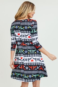 Women's Fair Isle Reindeer Print A-Line Dress style 3