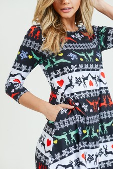 Women's Fair Isle Reindeer Print A-Line Dress style 5