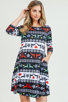 Women's Fair Isle Reindeer Print A-Line Dress