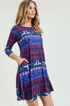 Women's Fair Isle Reindeer Print A-Line Dress style 2