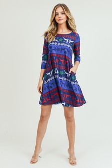 Women's Fair Isle Reindeer Print A-Line Dress style 4