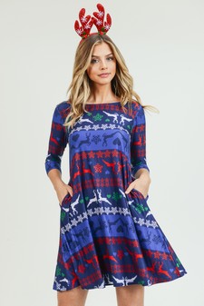 Women's Fair Isle Reindeer Print A-Line Dress style 6