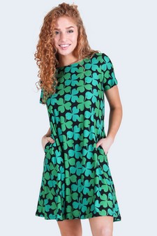 Women's 4-Leaf Clover Print Dress with Pockets