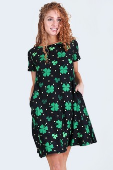 Women's Polka Dots and Clovers Print Dress with Pockets
