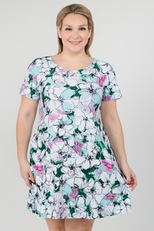 Women's Aqua Floral Blossom Dress with Pockets