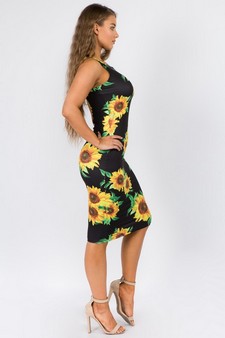 Women's Crew Neck Sunflower Bodycon Midi Dress (Small only) style 2