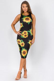 Women's Crew Neck Sunflower Bodycon Midi Dress style 5