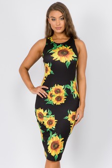 Women's Crew Neck Sunflower Bodycon Midi Dress