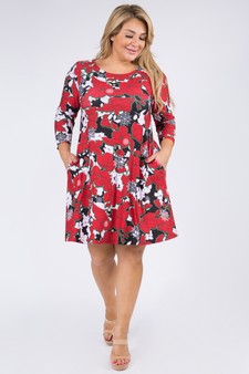 Women's Snowflake & Poinsettia Print 3/4 Sleeve Dress style 4