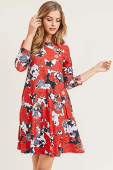 Women's Snowflake & Poinsettia Print 3/4 Sleeve Dress style 2