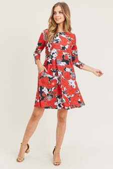 Women's Snowflake & Poinsettia Print 3/4 Sleeve Dress style 7