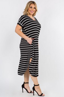 Women's Striped Curved Hem Midi Dress with Pockets style 2