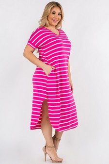 Women's Striped Curved Hem Midi Dress with Pockets style 2