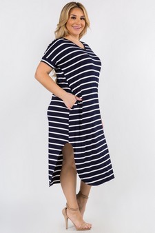 Women's Striped Curved Hem Midi Dress with Pockets style 2