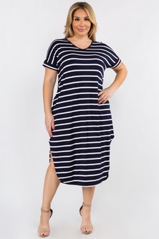 Women's Striped Curved Hem Midi Dress with Pockets style 4