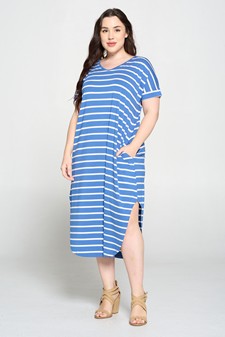 Women's Striped Curved Hem Midi Dress with Pockets style 2