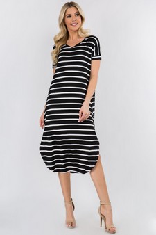 Women's Striped Curved Hem Midi Dress with Pockets style 4