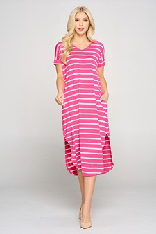 Women's Striped Curved Hem Midi Dress with Pockets style 2