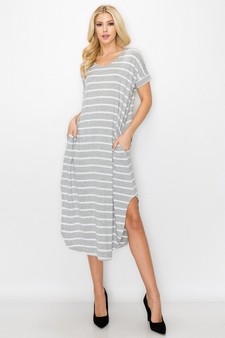 Women's Striped Curved Hem Midi Dress with Pockets