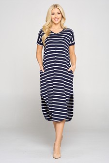 Women's Striped Curved Hem Midi Dress with Pockets style 2