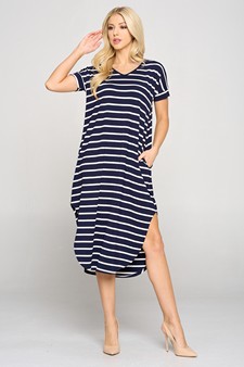 Women's Striped Curved Hem Midi Dress with Pockets style 3