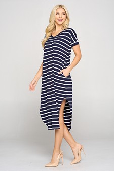 Women's Striped Curved Hem Midi Dress with Pockets style 4