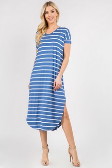 Women's Striped Curved Hem Midi Dress with Pockets