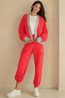 Relaxed Soft Cotton Contrast Trim Open Front Jacket and Cargo Pants Set style 4