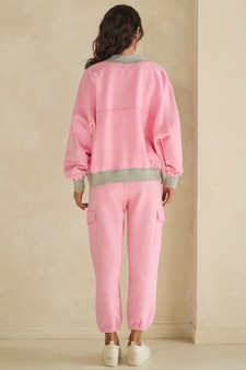 Relaxed Soft Cotton Contrast Trim Open Front Jacket and Cargo Pants Set style 2