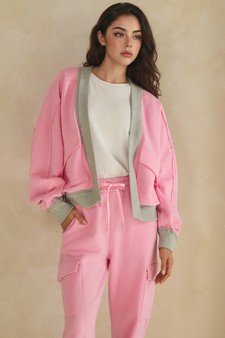 Relaxed Soft Cotton Contrast Trim Open Front Jacket and Cargo Pants Set style 4