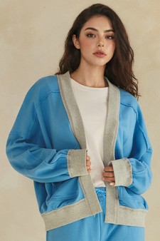 ETA 06/18/26 Relaxed Soft Cotton Contrast Trim Open Front Jacket