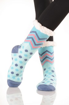 Women's Faux Sherpa Chevron Polka-Dot Christmas Slipper Socks