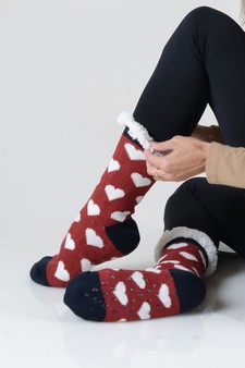 Women's Faux Sherpa Heart Pattern Christmas Slipper Socks