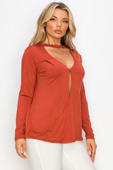 Women's Long Sleeve Choker Neck Keyhole Wrap Top style 2