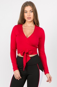 Women's Plunge Neck Wrap Tie Athleisure Crop Top style 4