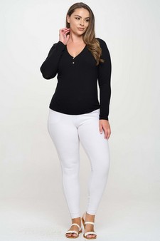 Long Sleeve Ribbed V Neck Top with Buttons style 5