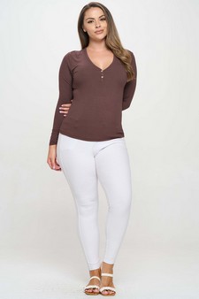 Women's Long Sleeve Ribbed V Neck Top with Buttons style 5