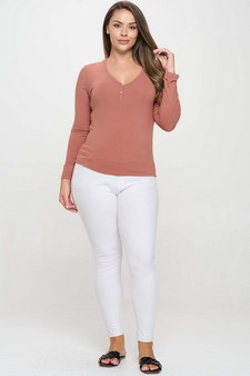 Women's Long Sleeve Ribbed V Neck Top with Buttons style 5