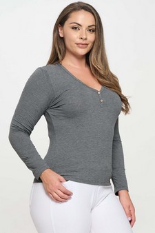 Long Sleeve Ribbed V Neck Top with Buttons style 2