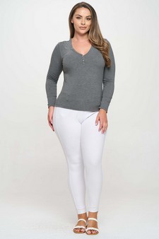 Long Sleeve Ribbed V Neck Top with Buttons style 5