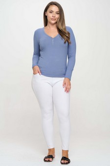 Long Sleeve Ribbed V Neck Top with Buttons style 5