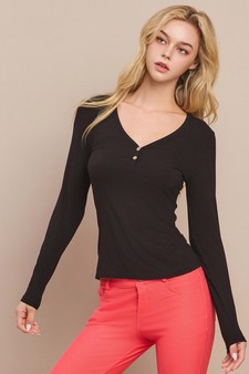 Long Sleeve Ribbed V Neck Top with Buttons