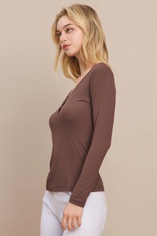 Long Sleeve Ribbed V Neck Top with Buttons style 4