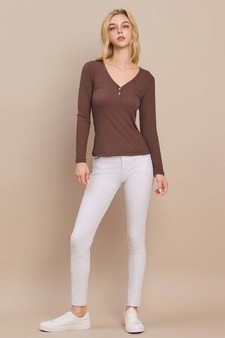 Long Sleeve Ribbed V Neck Top with Buttons style 5