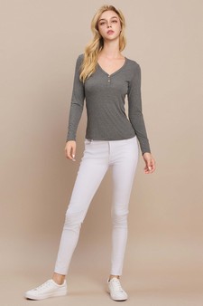 Long Sleeve Ribbed V Neck Top with Buttons style 5