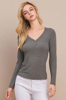 Long Sleeve Ribbed V Neck Top with Buttons