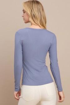 Long Sleeve Ribbed V Neck Top with Buttons style 3