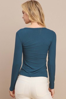 Long Sleeve Ribbed V Neck Top with Buttons style 3